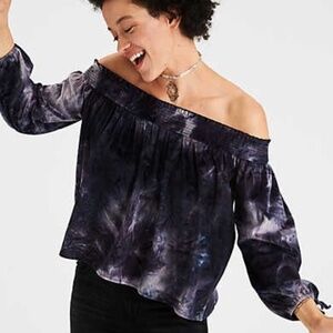 American Eagle Crop Top Blue AEO Tie-Dyed Velvet